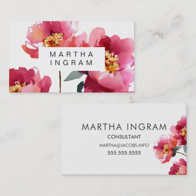 Beautiful watercolor peony flower design business card (Front/Back)