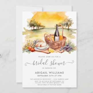 Beautiful Watercolor Picnic Wine Bridal Shower Invitation