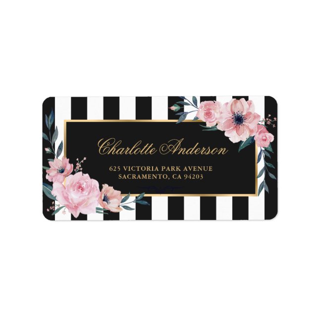 Beautiful Watercolor Pink Floral Black Stripes Label (Front)
