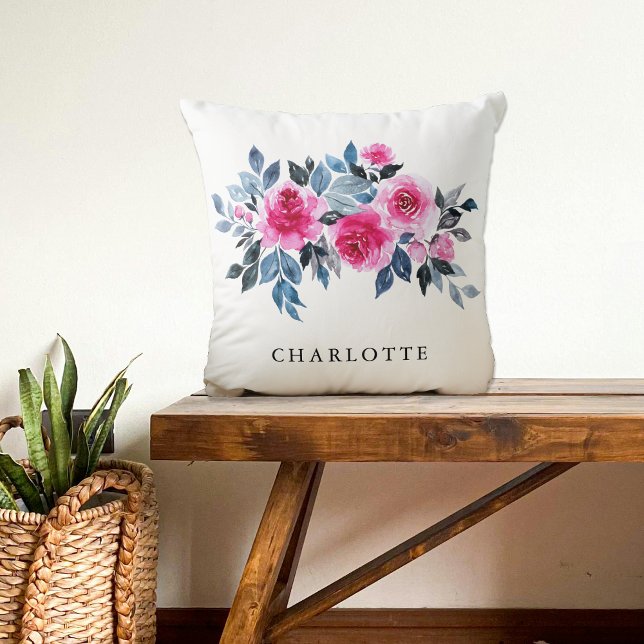 Beautiful Watercolor Pink Floral With Name Cushion (Creator Uploaded)