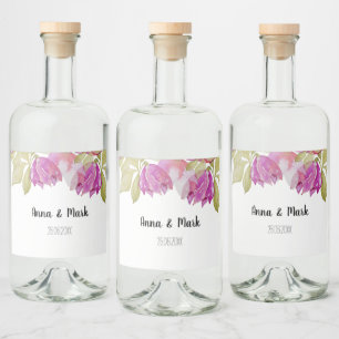 Beautiful Watercolor Pink Flowers Hand-painted Liquor Bottle Label