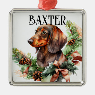 BEAUTIFUL WATERCOLOR RED DACHSHUND DOG METAL TREE DECORATION