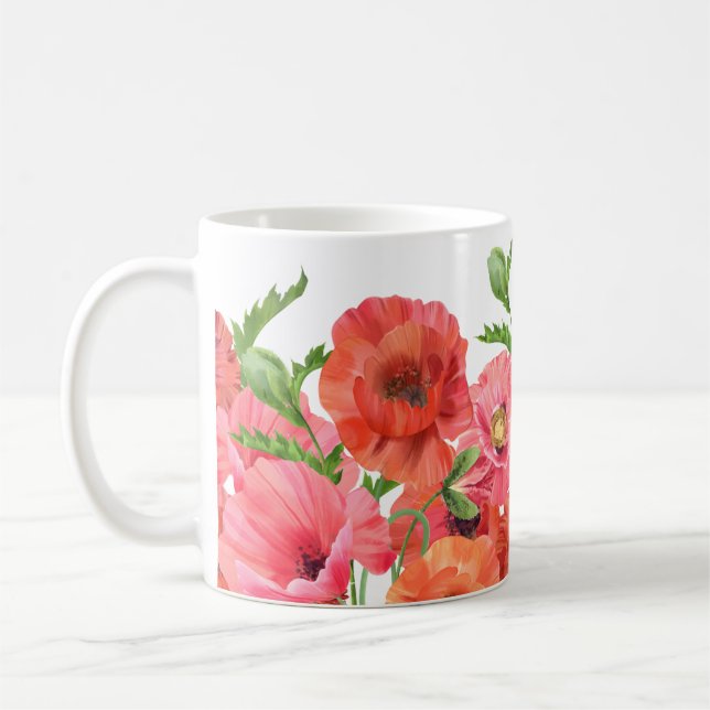 Beautiful Watercolor Red Pink Poppies Floral  Coffee Mug (Left)