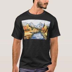 Beautiful Watercolor River And Mountain Landscape T-Shirt