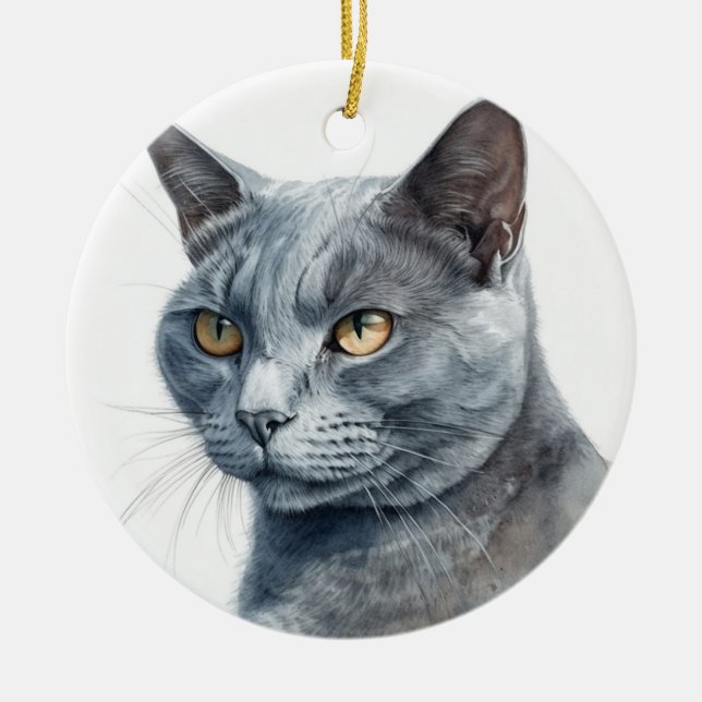 BEAUTIFUL WATERCOLOR RUSSIAN BLUE CAT FACE CERAMIC TREE DECORATION (Front)