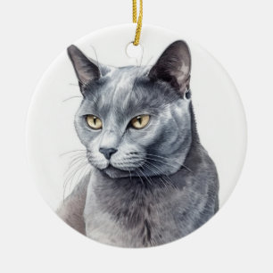 BEAUTIFUL WATERCOLOR RUSSIAN BLUE CAT FACE CERAMIC TREE DECORATION