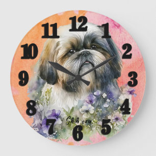 Beautiful Watercolor Shih tzu Dog Large Clock