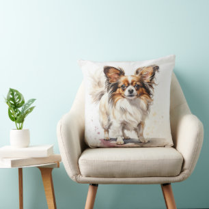 BEAUTIFUL WATERCOLOR SMALL PAPILLON PUPPY DOG CUSHION