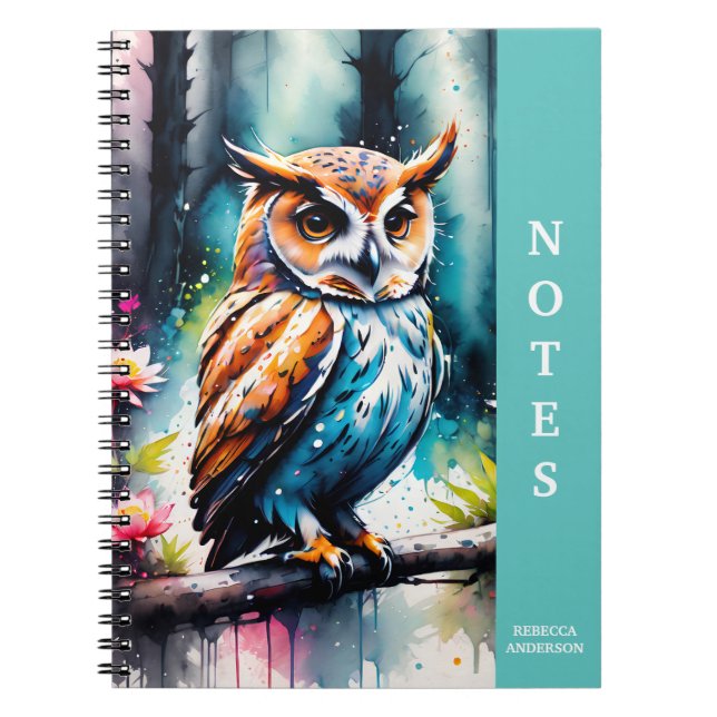 Beautiful Watercolor Splash Style Owl Notebook (Front)