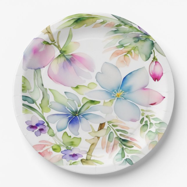 Beautiful Watercolor Spring Flowers Blue Pink Paper Plate (Front)