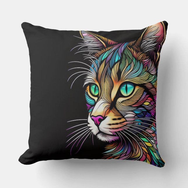 Beautiful Watercolor Stained Glass Cat Cushion (Front)