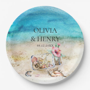 Beautiful Watercolor Starfish Beach Wedding  Paper Plate