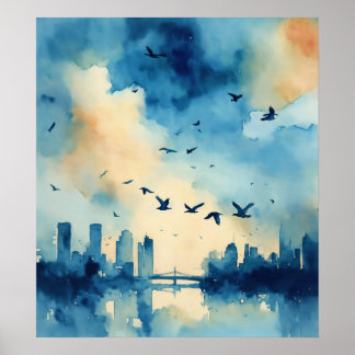 Beautiful watercolor style blue, birds flying acro poster