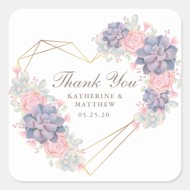 Beautiful Watercolor Succulents Wedding Thank You Square Sticker (Front)