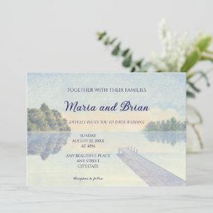 Beautiful watercolor sunset lake wedding invitation