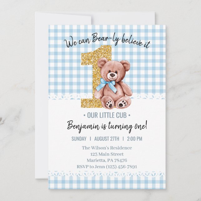 Beautiful Watercolor Teddy Bear 1st Birthday Invitation (Front)