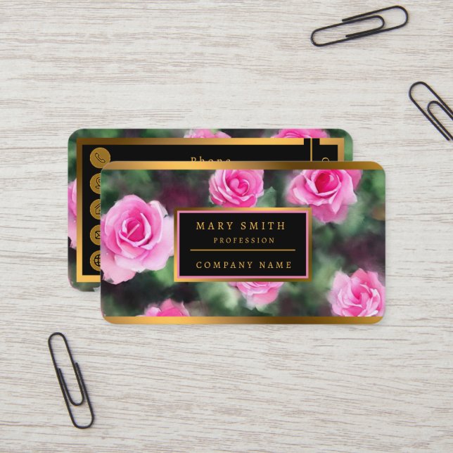 Beautiful Watercolor Trendy Pink Roses Collection Business Card (Front/Back In Situ)