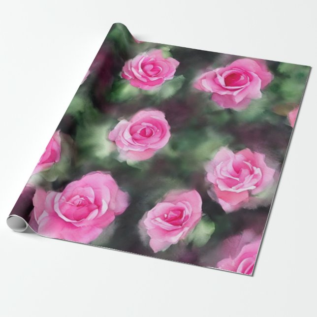 Beautiful Watercolor Trendy Pink Roses Collection Wrapping Paper (Unrolled)