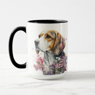 BEAUTIFUL WATERCOLOR TRICOLOR BEAGLE DOG & FLOWERS MUG