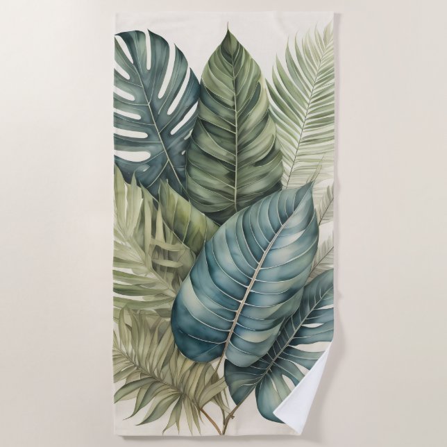 Beautiful Watercolor Tropical Foliage Banana, Palm Beach Towel (Front)