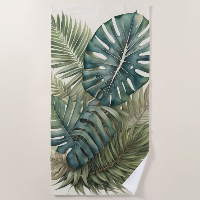 Beautiful Watercolor Tropical Foliage Monstera Beach Towel (Front)