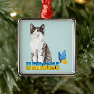 Beautiful Watercolor Ukraine Cat and Butterfly  Metal Tree Decoration
