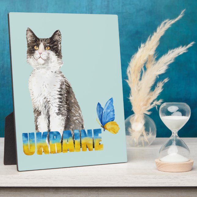 Beautiful Watercolor Ukraine Cat and Butterfly  Plaque (Side)