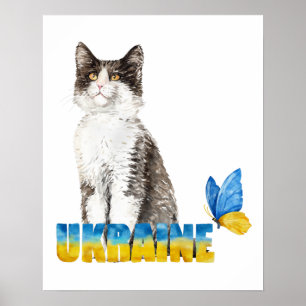 Beautiful Watercolor Ukraine Cat and Butterfly Poster