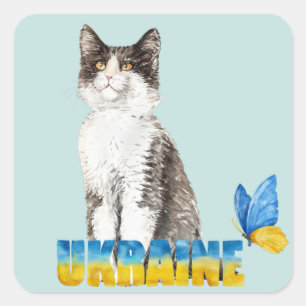 Beautiful Watercolor Ukraine Cat and Butterfly Square Sticker