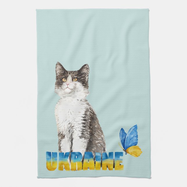 Beautiful Watercolor Ukraine Cat and Butterfly Tea Towel (Vertical)