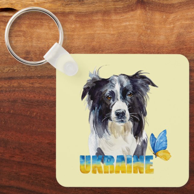 Beautiful Watercolor Ukraine Dog and Butterfly  Key Ring (Front)