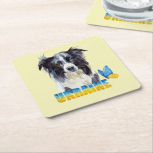 Beautiful Watercolor Ukraine Dog and Butterfly  Square Paper Coaster