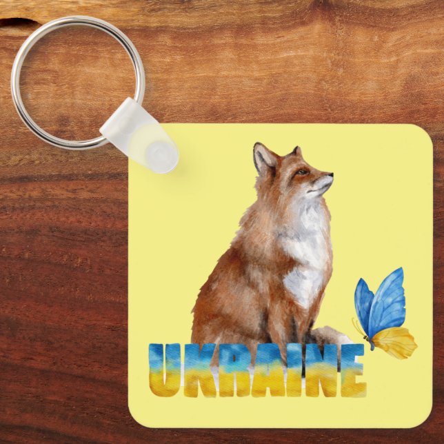 Beautiful Watercolor Ukraine Fox and Butterfly  Key Ring (Front)