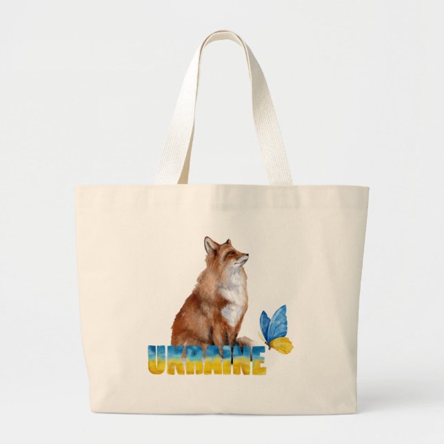 Beautiful Watercolor Ukraine Fox and Butterfly  Large Tote Bag (Front)