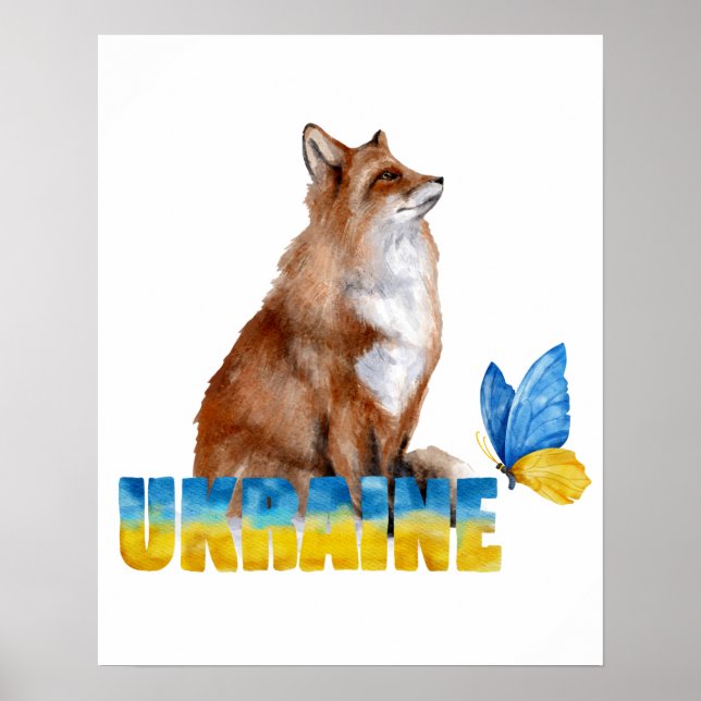 Beautiful Watercolor Ukraine Fox and Butterfly   Poster (Front)