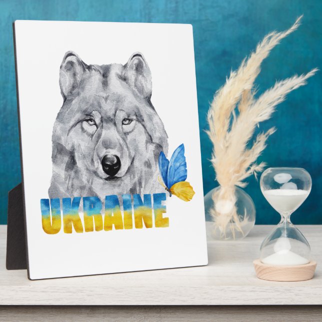 Beautiful Watercolor Ukraine Wolf and Butterfly  Plaque (Side)