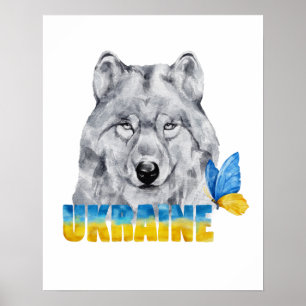 Beautiful Watercolor Ukraine Wolf and Butterfly Poster