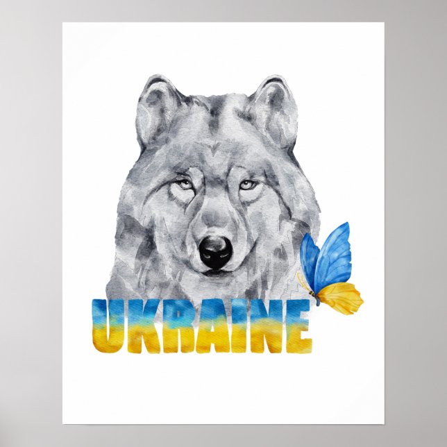 Beautiful Watercolor Ukraine Wolf and Butterfly  Poster (Front)