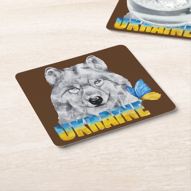 Beautiful Watercolor Ukraine Wolf and Butterfly   Square Paper Coaster (Angled)