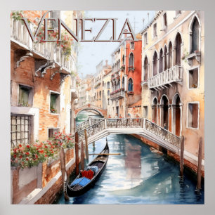 Beautiful Watercolor Venice Canal Travel Poster