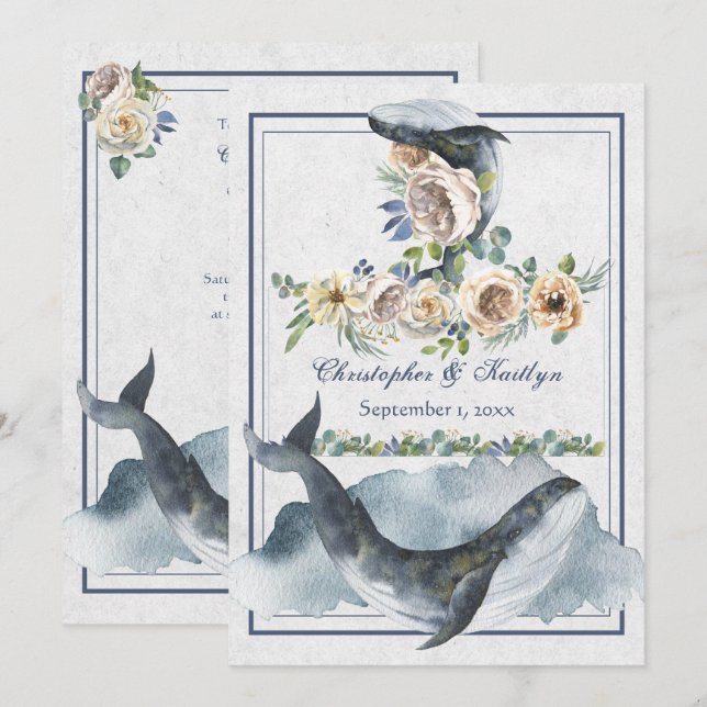 Beautiful Watercolor Whales and Flowers Wedding Invitation (Front/Back)