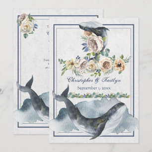 Beautiful Watercolor Whales and Flowers Wedding Invitation