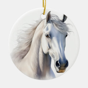 BEAUTIFUL WATERCOLOR WHITE HORSES FACE CERAMIC TREE DECORATION