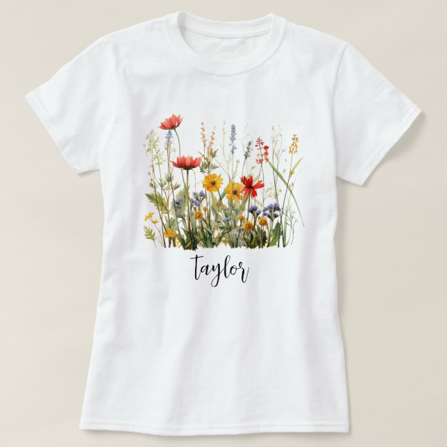 Beautiful Watercolor Wildflower Botanical Garden T-Shirt (Design Front)