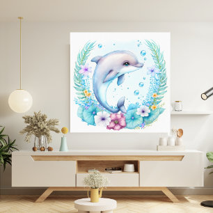 Beautiful Watercolor Wildflower Dolphin  Canvas Print