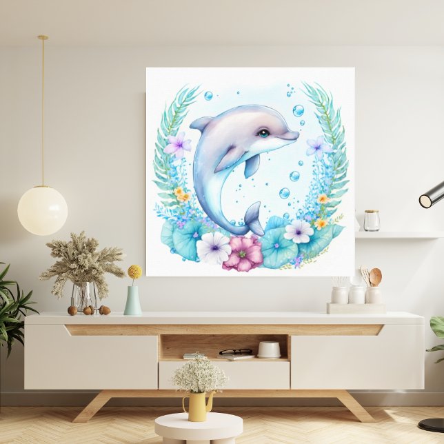 Beautiful Watercolor Wildflower Dolphin  Canvas Print (Creator Uploaded)