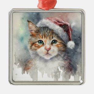 BEAUTIFUL WATERCOLOR WINTER TABBY CAT FACE METAL TREE DECORATION