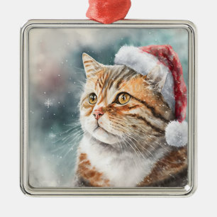 BEAUTIFUL WATERCOLOR WINTER TABBY CAT FACE METAL TREE DECORATION