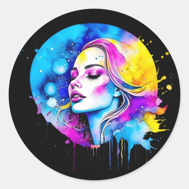 Beautiful Watercolor Woman Abstract Classic Round Sticker (Front)