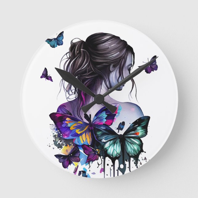 BEAUTIFUL WATERCOLOR WOMAN WITH BUTTERFLIES ROUND CLOCK (Front)